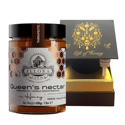 Greek Raw Honey, Queens Nectar, Lemon & Orange Blossom, Therapeutic, 450g CUBE Gift - ELLORA FARMS