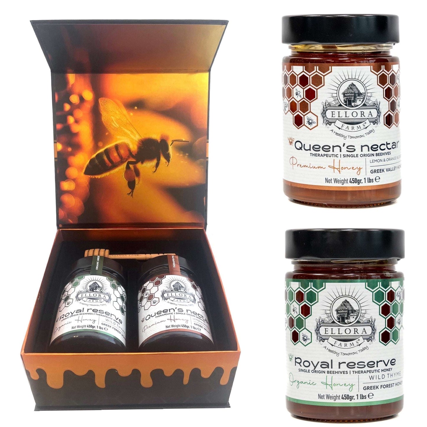 Organic Royal Reserve & Queens Nectar Award Winning Raw Greek Honey, 1 lb. Each Combo Gift Pack - ELLORA FARMS