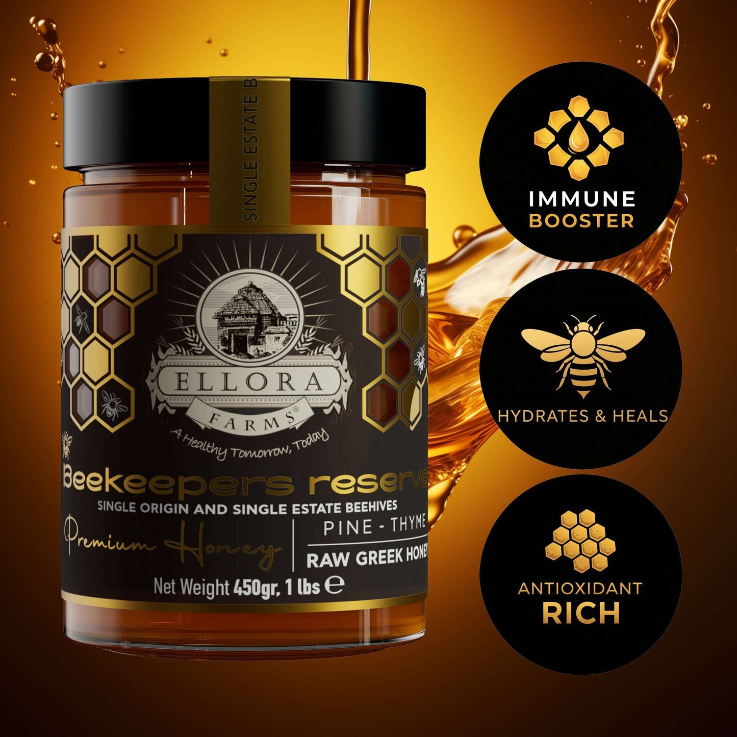 Organic Royal Reserve and Beekeepers Reserve PDO Single Estate Raw Greek Honey, 1 lb. Each Combo Gift Pack - ELLORA FARMS