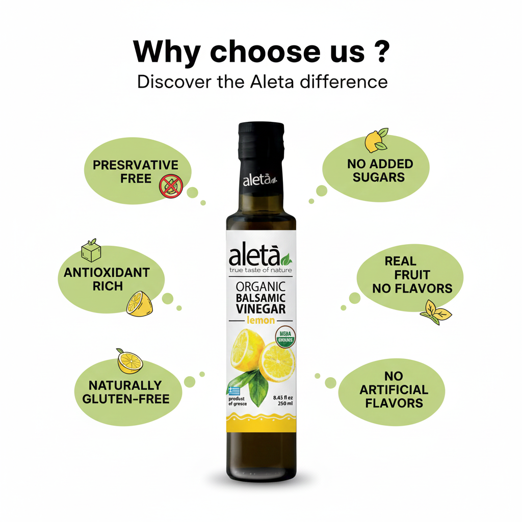 Aleta Organic, Lemon Infused Balsamic Vinegar, Glass Bottle, 8.45 oz.