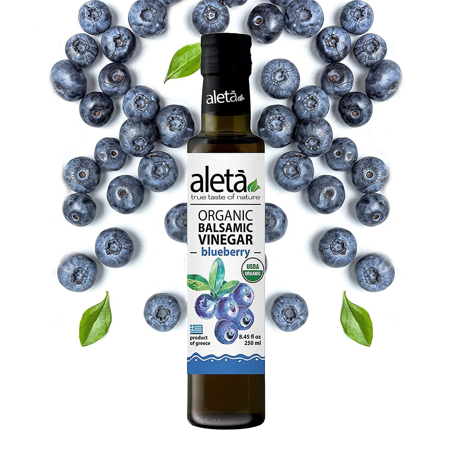 Aleta Organic, Blueberry Infused Balsamic Vinegar, Glass Bottle, 8.45 oz.