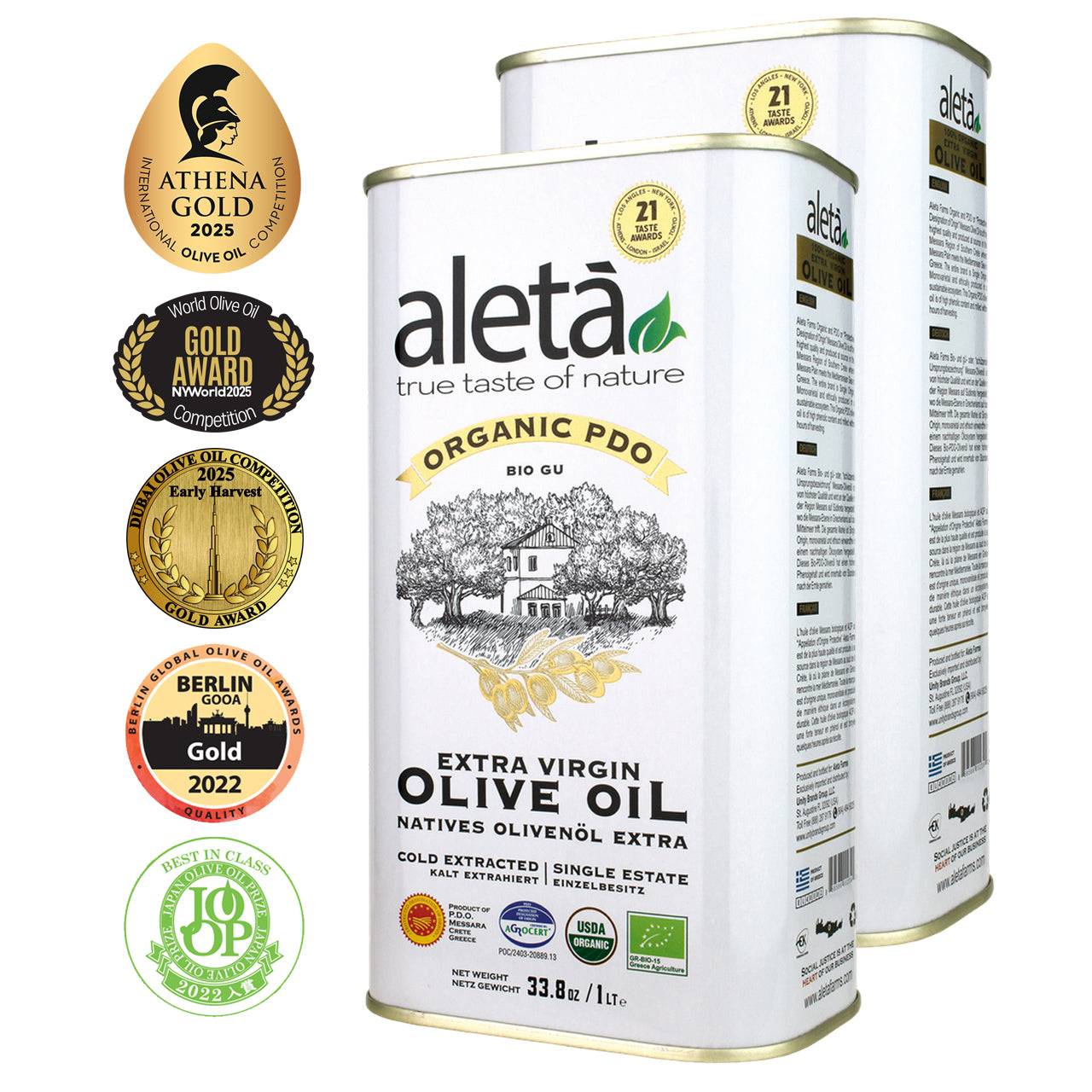 Aleta Organic & PDO Single Estate Traceable Extra Virgin Greek Olive Oil, 1 Ltr Tin, 33.8 oz. - ELLORA FARMS