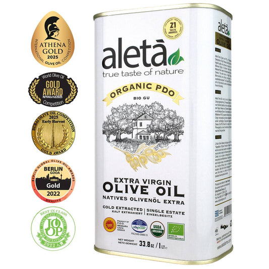Aleta Organic & PDO Single Estate Traceable Extra Virgin Greek Olive Oil, 1 Ltr Tin, 33.8 oz. - ELLORA FARMS