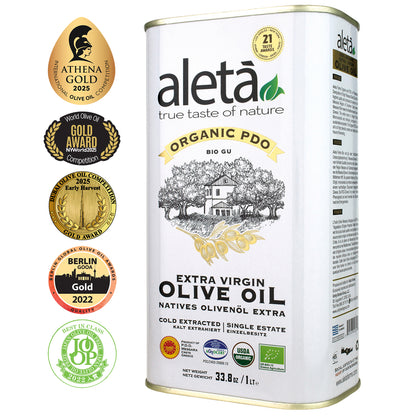 Aleta Organic & PDO Single Estate Traceable Extra Virgin Greek Olive Oil, 1 Ltr Tin, 33.8 oz.