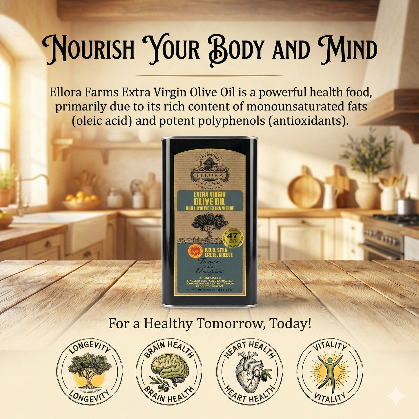 Ellora PDO SITIA & KOLYMVARI Estates Extra Virgin Greek Olive Oil, 1 Ltr Tin, 33.8 oz. Combo