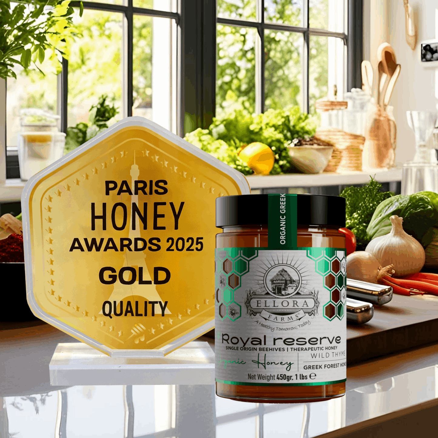 Organic Greek Raw Honey, Royal Reserve, Wild Thyme Gift of Honey, 450g - ELLORA FARMS