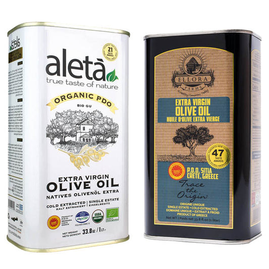 Ellora PDO SITIA & Aleta Organic PDO Messara Extra Virgin Greek Olive Oil, 1 Ltr Tin, 33.8 oz. Combo