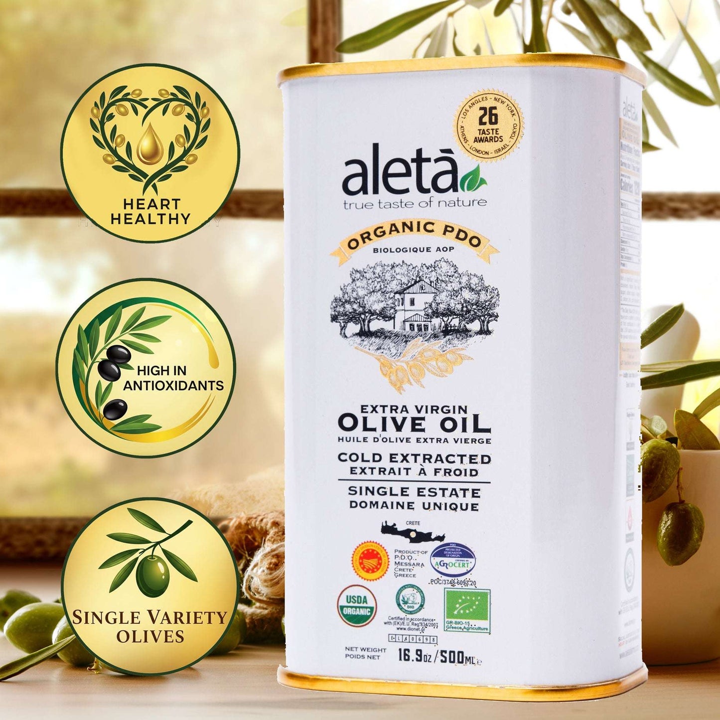 Aleta Organic & PDO Single Estate Traceable Extra Virgin Greek Olive Oil, 500 ml (17 oz) Tin - ELLORA FARMS