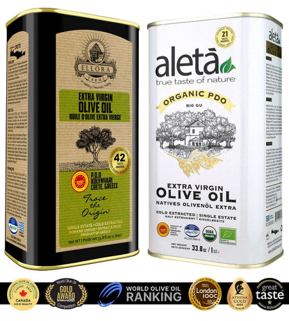 Aleta Organic & Ellora PDO Single Estate Extra Virgin Greek Olive Oil, 1 Ltr Tin, 33.8 oz. Combo - ELLORA FARMS