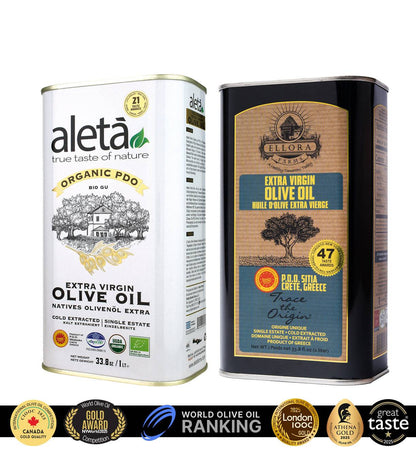 Ellora PDO SITIA & Aleta Organic PDO Messara Extra Virgin Greek Olive Oil, 1 Ltr Tin, 33.8 oz. Combo - ELLORA FARMS