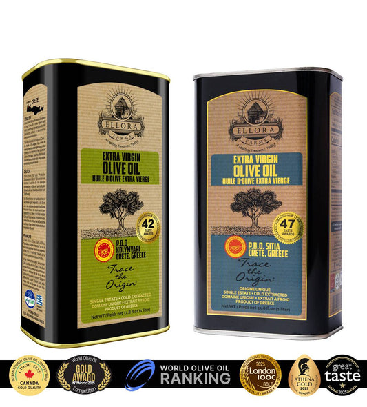 Ellora PDO SITIA & KOLYMVARI Estates Extra Virgin Greek Olive Oil, 1 Ltr Tin, 33.8 oz. Combo - ELLORA FARMS