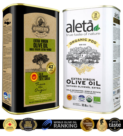 Aleta Organic & Ellora PDO Single Estate Extra Virgin Greek Olive Oil, 1 Ltr Tin, 33.8 oz. Combo