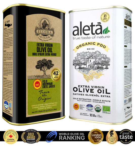 Aleta Organic & Ellora PDO Single Estate Extra Virgin Greek Olive Oil, 1 Ltr Tin, 33.8 oz. Combo