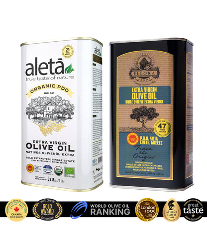 Ellora PDO SITIA & Aleta Organic PDO Messara Extra Virgin Greek Olive Oil, 1 Ltr Tin, 33.8 oz. Combo