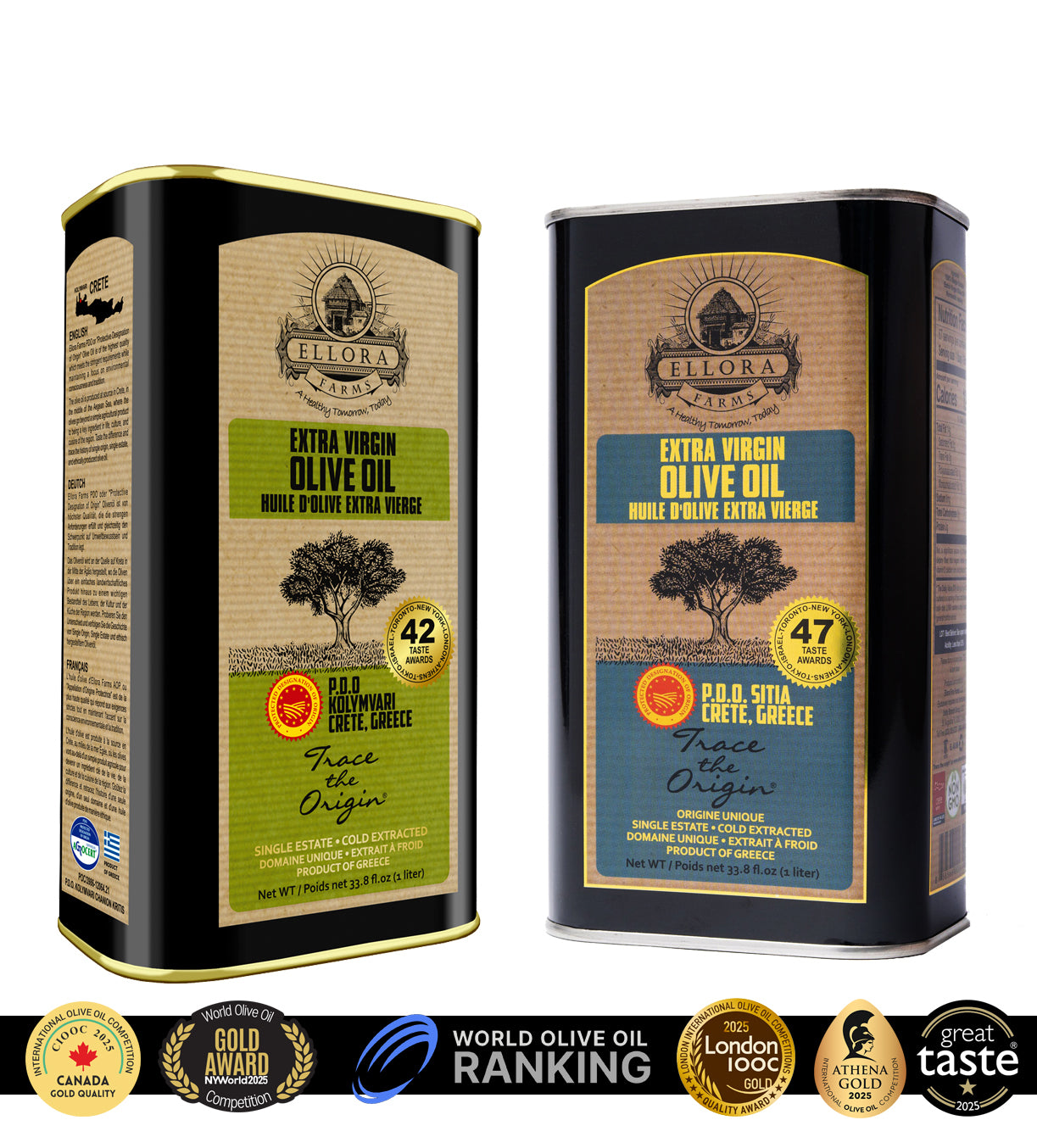 Ellora PDO SITIA & KOLYMVARI Estates Extra Virgin Greek Olive Oil, 1 Ltr Tin, 33.8 oz. Combo