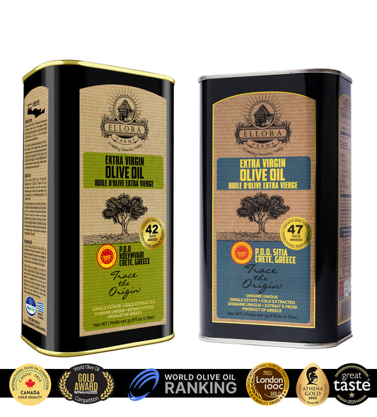 Ellora PDO SITIA & KOLYMVARI Estates Extra Virgin Greek Olive Oil, 1 Ltr Tin, 33.8 oz. Combo