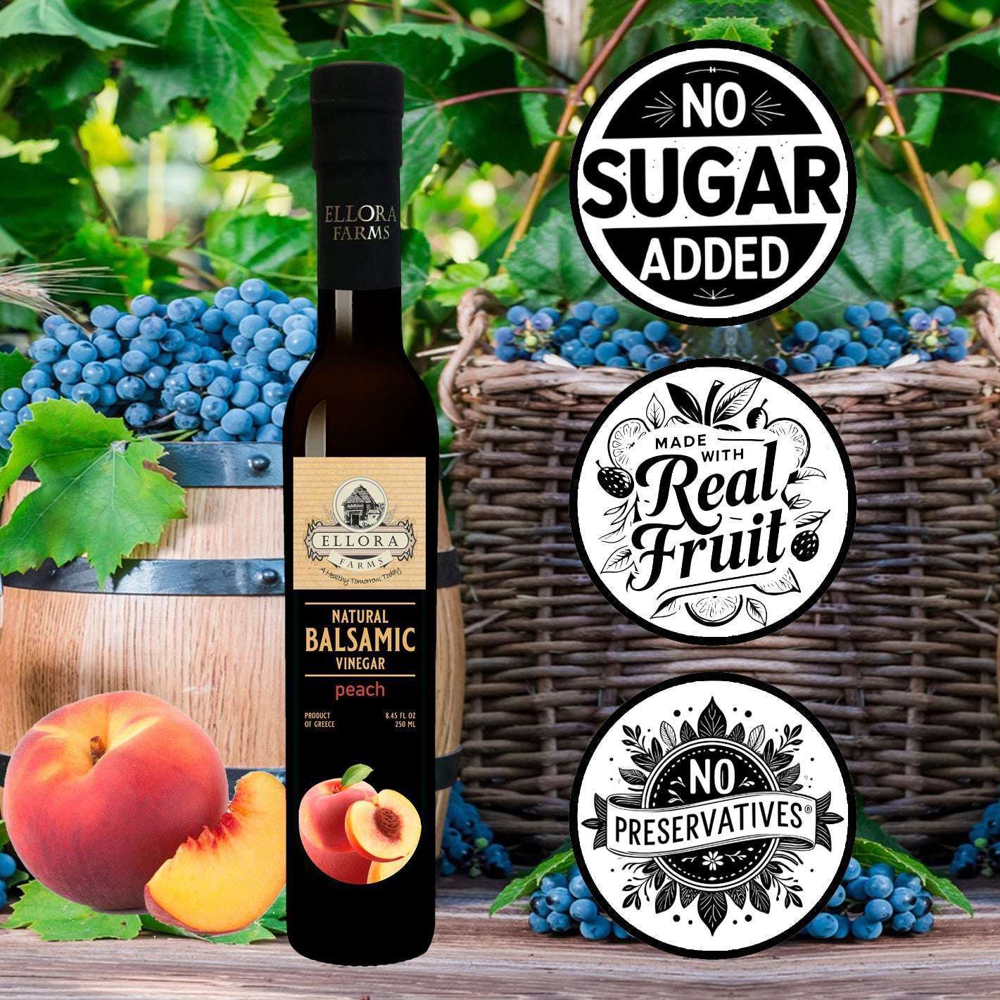 Peach Infused Balsamic Vinegar, Thick & Smooth, Product Of Crete, Greece, 8.5 oz. Each - ELLORA FARMS