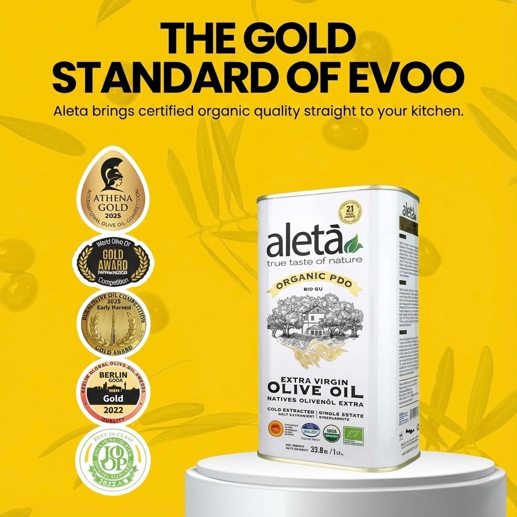 Ellora PDO SITIA & Aleta Organic PDO Messara Extra Virgin Greek Olive Oil, 1 Ltr Tin, 33.8 oz. Combo