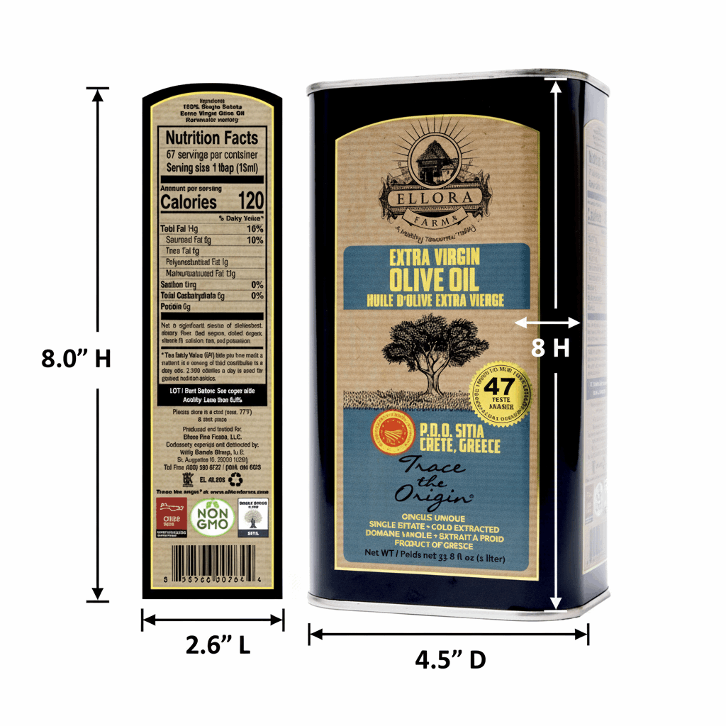 Ellora PDO SITIA & KOLYMVARI Estates Extra Virgin Greek Olive Oil, 1 Ltr Tin, 33.8 oz. Combo