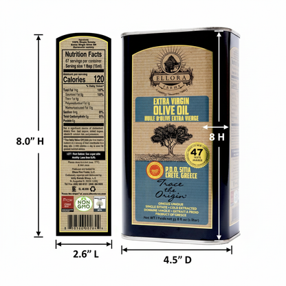 Ellora PDO SITIA & KOLYMVARI Estates Extra Virgin Greek Olive Oil, 1 Ltr Tin, 33.8 oz. Combo