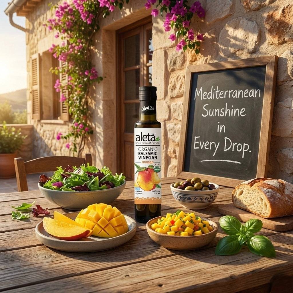 Aleta Organic, Mango Infused Balsamic Vinegar, Glass Bottle, 8.45 oz.