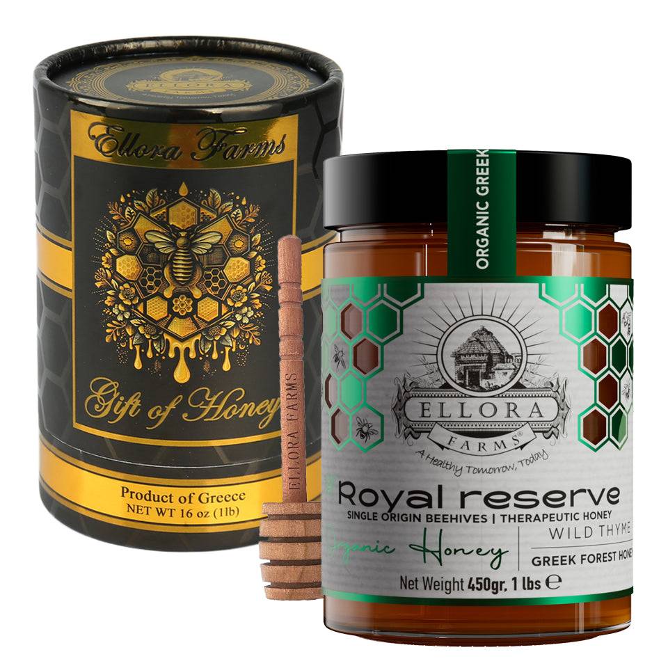Organic Greek Raw Honey, Royal Reserve, Wild Thyme Therapeutic Honey, 450g TUBE Gift Set - ELLORA FARMS