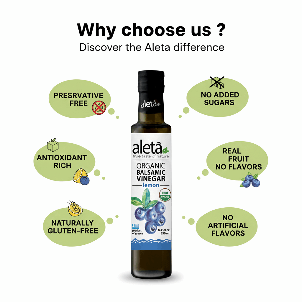 Aleta Organic, Blueberry Infused Balsamic Vinegar, Glass Bottle, 8.45 oz.
