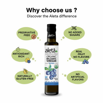 Aleta Organic, Blueberry Infused Balsamic Vinegar, Glass Bottle, 8.45 oz.