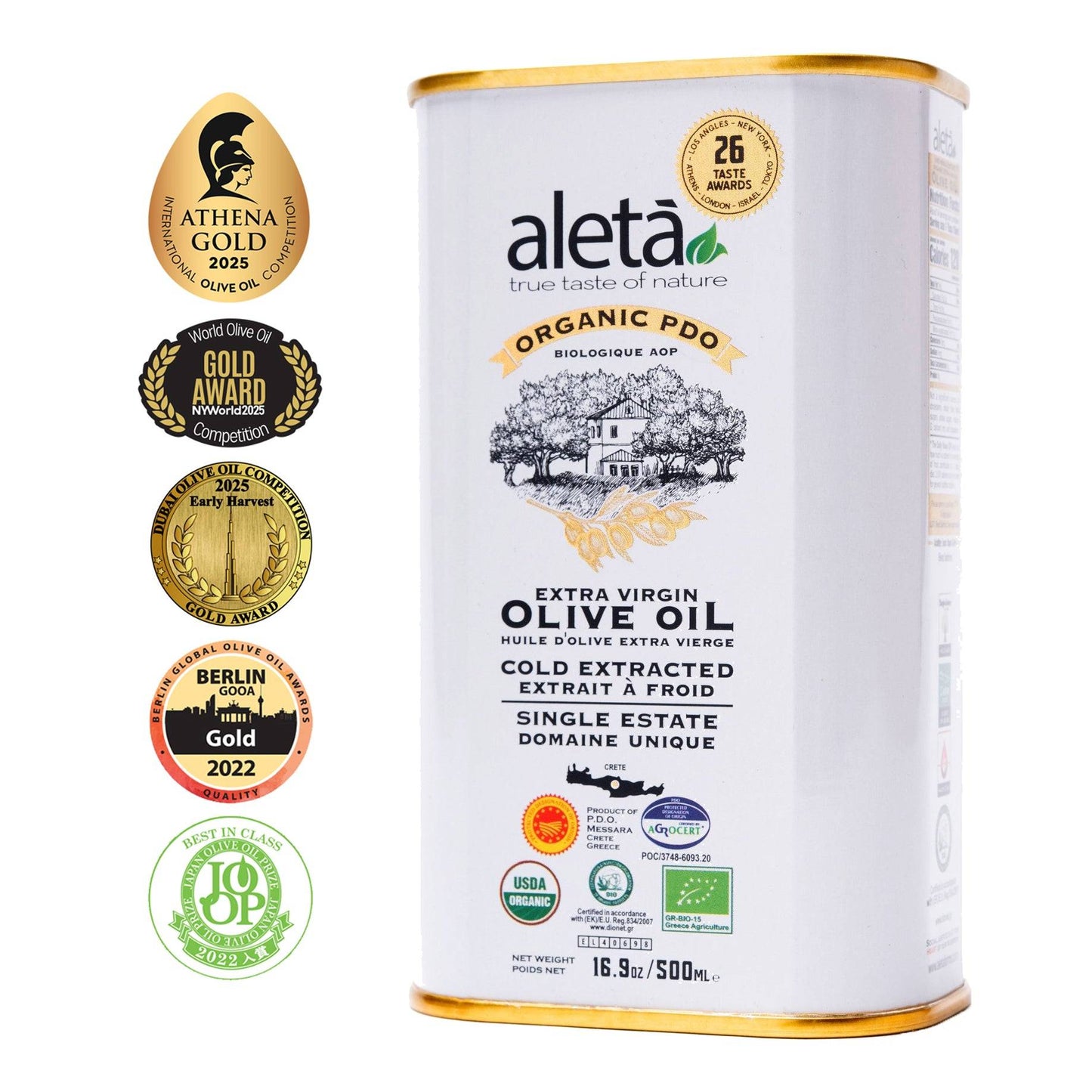 Aleta Organic & PDO Single Estate Traceable Extra Virgin Greek Olive Oil, 500 ml (17 oz) Tin - ELLORA FARMS