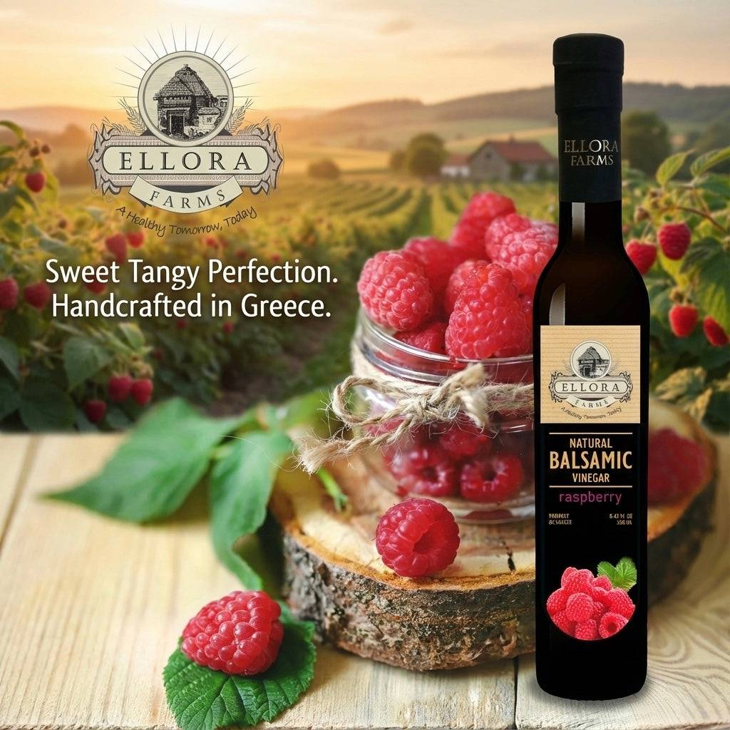 Raspberry Infused Balsamic White Vinegar, Thick & Smooth, Product Of Crete, Greece, 8.5 oz. - ELLORA FARMS