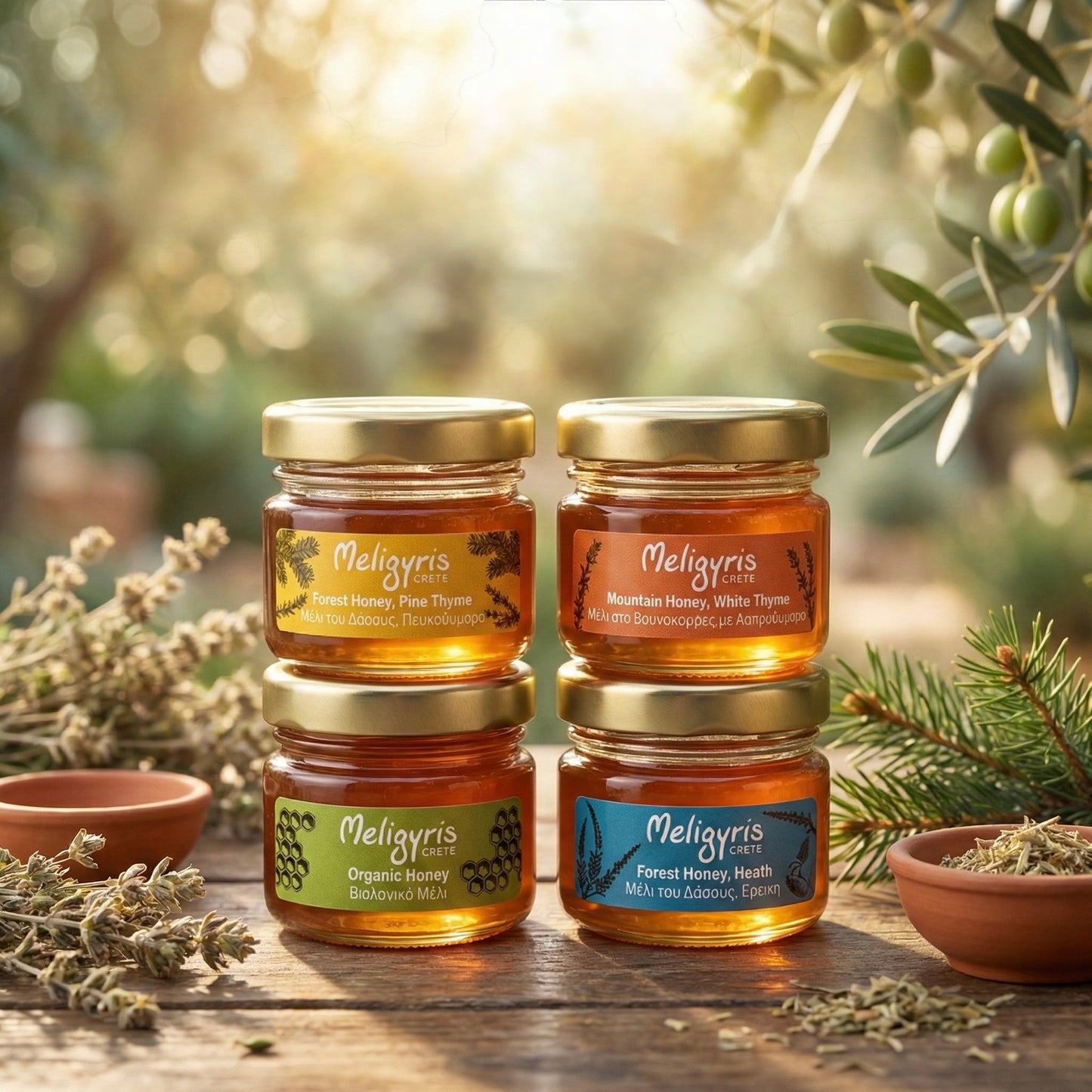 Meligyris Greek Honey Gift Set, 4 Varieties Pack with Mountain Honey, Pine Thyme, Forest Honey Heath, Organic Honey, 30g each Jar