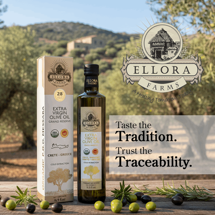 Global Award Organic PDO Extra Virgin Olive Oil, Single Estate Messara Valley Greece, 17 Oz Bottle - ELLORA FARMS