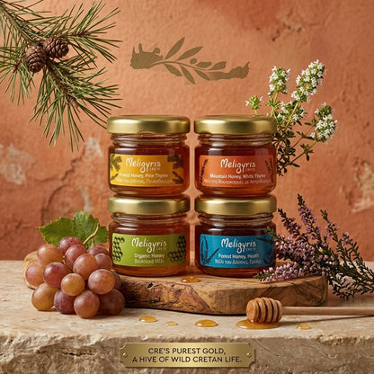 Meligyris Greek Honey Gift Set, 4 Varieties Pack with Mountain Honey, Pine Thyme, Forest Honey Heath, Organic Honey, 30g each Jar