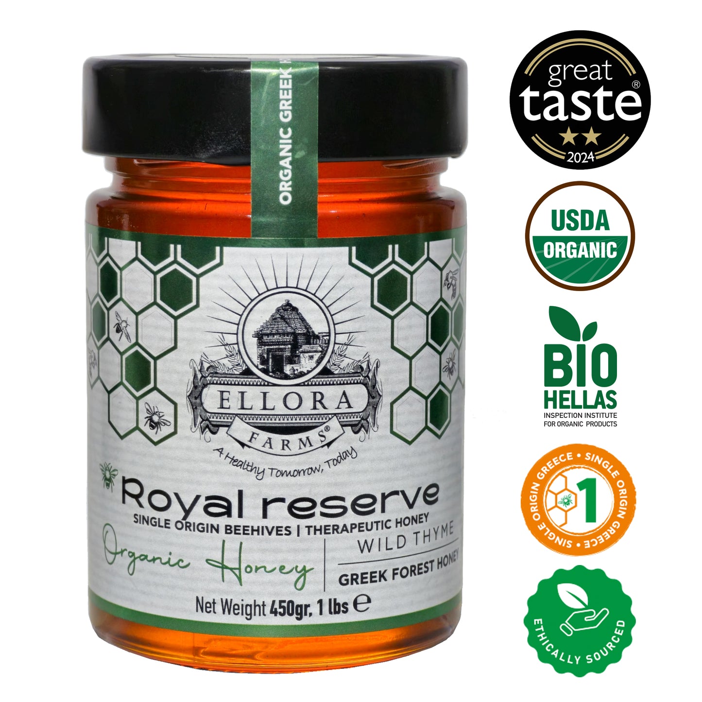 Organic Greek Raw Honey, Royal Reserve, Wild Thyme Therapeutic Honey, 450g TUBE Gift Set