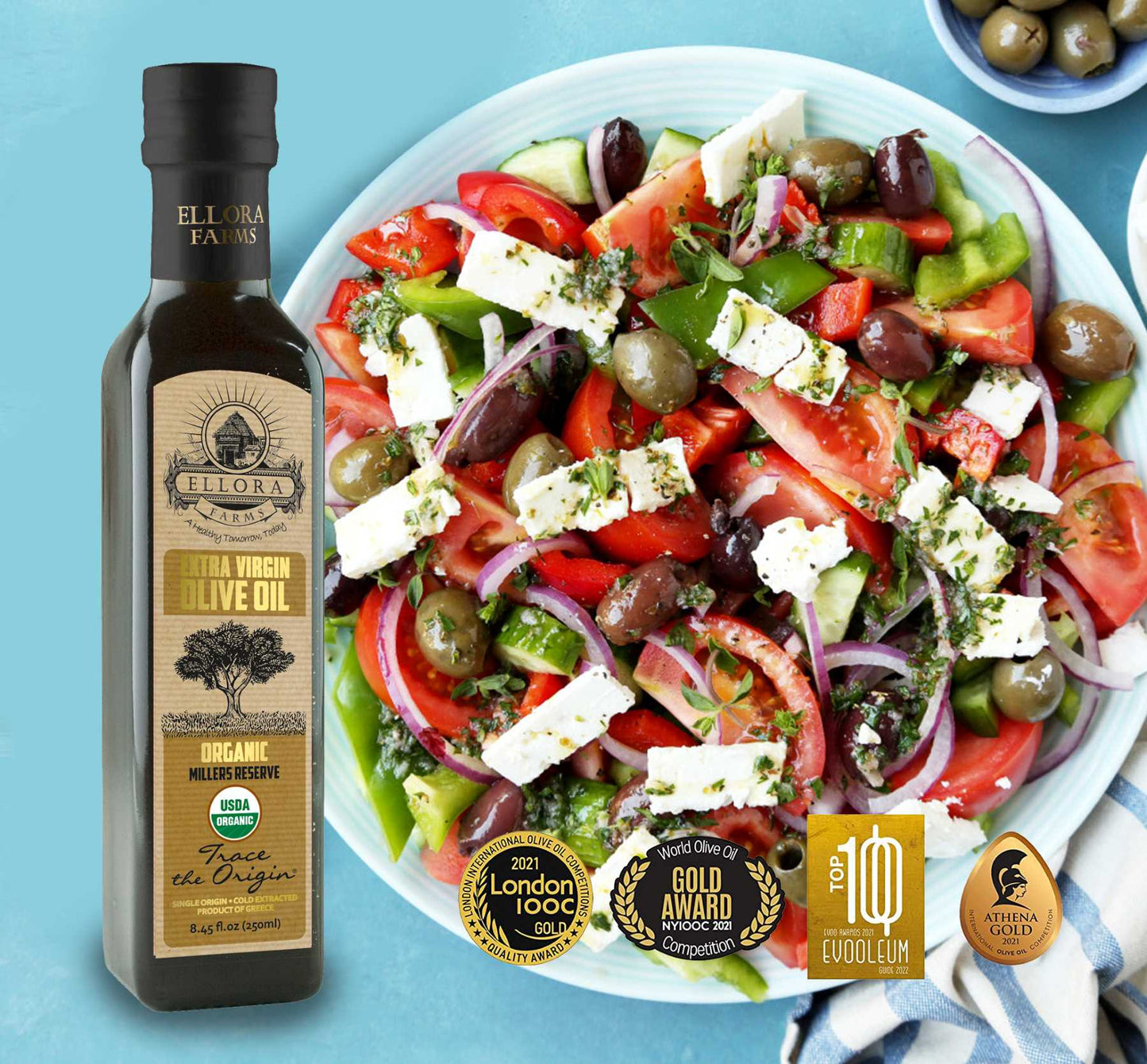 Ellora Farms, Certified USDA Organic, Greek Traceable Single Estate Extra Virgin Olive Oil, 8.45 Oz.