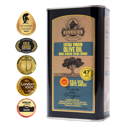 Ellora PDO SITIA & KOLYMVARI Estates Extra Virgin Greek Olive Oil, 1 Ltr Tin, 33.8 oz. Combo