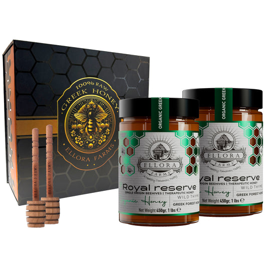Ellora Farms, Organic Greek Raw Honey, Royal Reserve, Wild Thyme, Superfood, Includes Wooden Dippers, 1 lb. Each, Twin Gift Pack