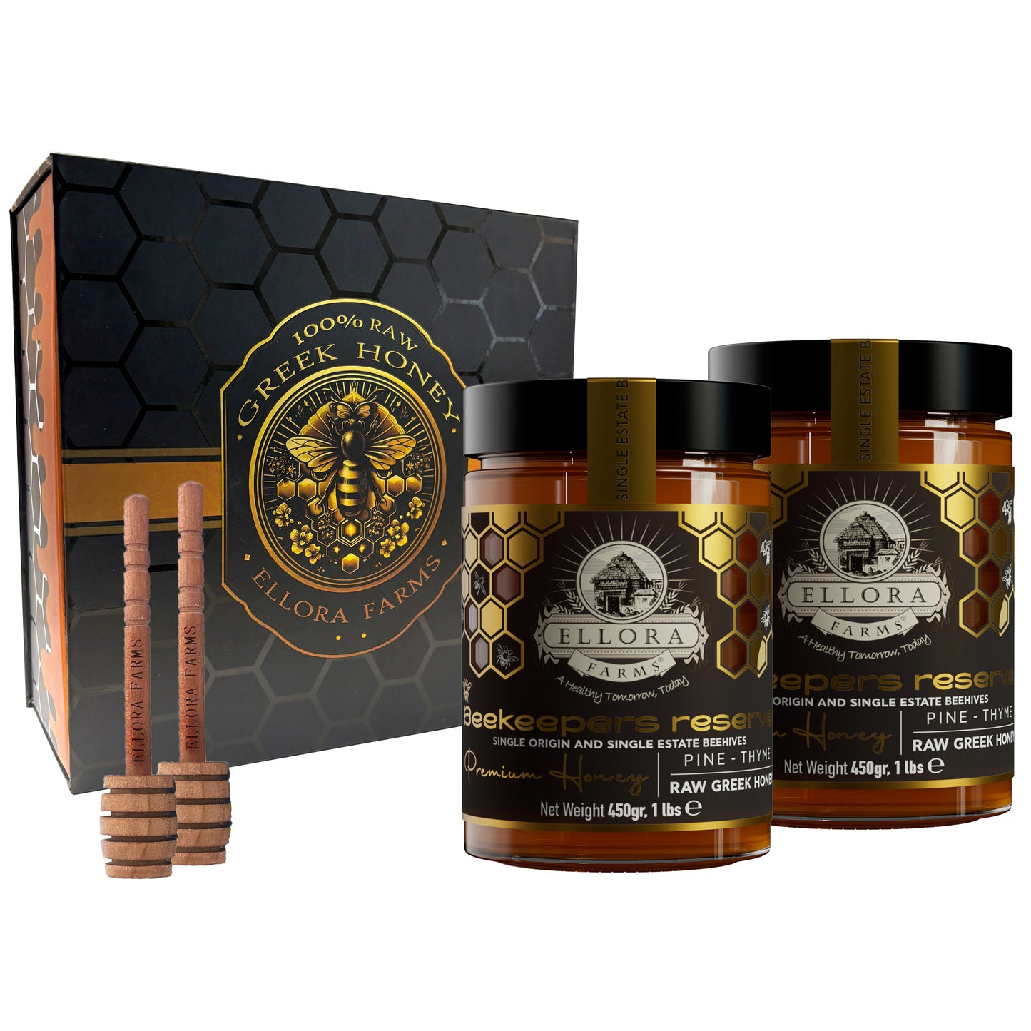 Ellora Farms, Single Estate PDO Greek Raw Honey, Pine & Thyme, Superfood, Includes Wooden Dippers, 1 lb Each, Twin Gift Pack
