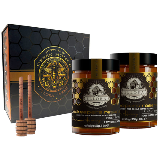 Ellora Farms, Single Estate PDO Greek Raw Honey, Pine & Thyme, Superfood, Includes Wooden Dippers, 1 lb Each, Twin Gift Pack