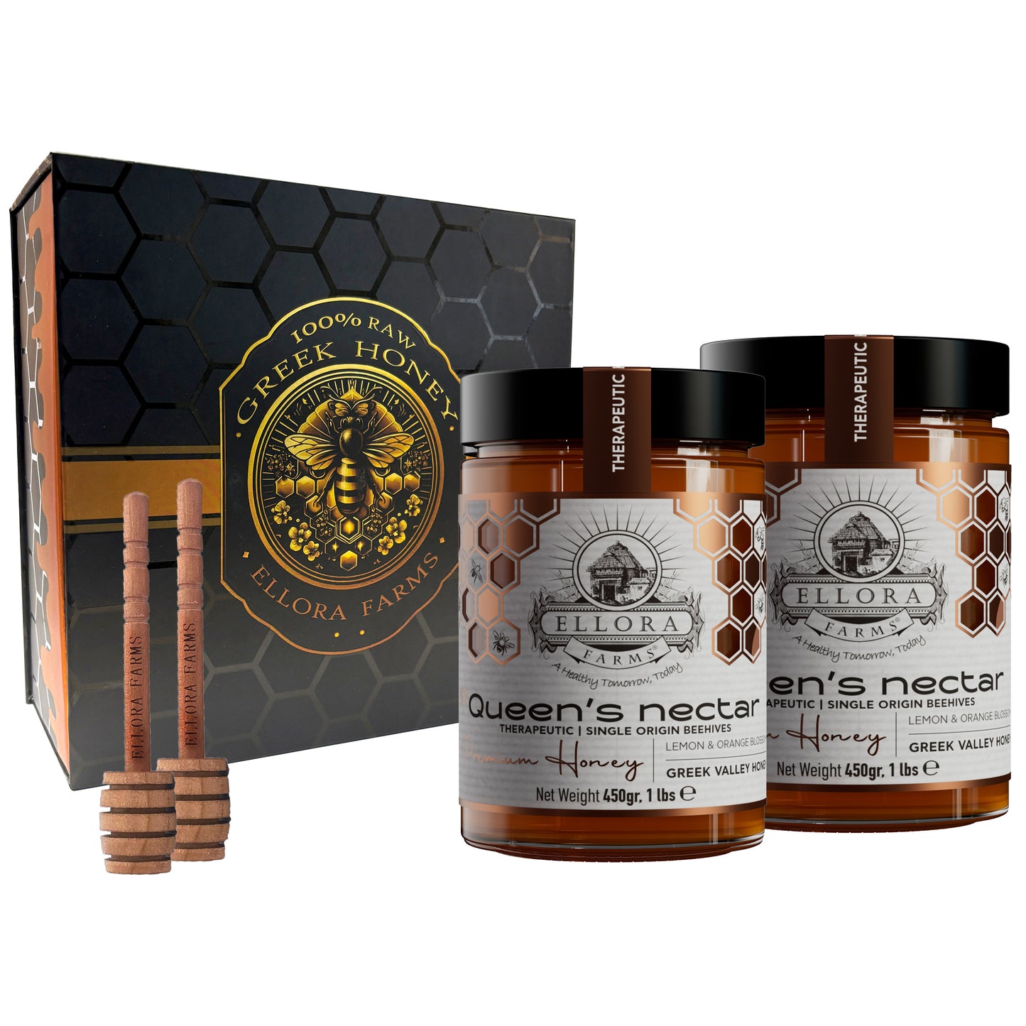Ellora Farms, Queens Nectar, Lemon & Orange Blossom Honey, Greek Superfood, Includes Wooden Dippers, 1 lb. Each, Twin Gift Pack