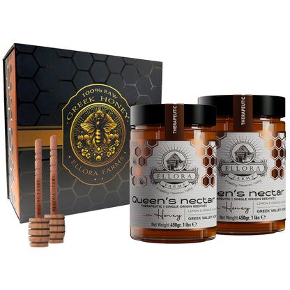 Ellora Farms, Queens Nectar, Lemon & Orange Blossom Honey, Greek Superfood, Includes Wooden Dippers, 1 lb. Each, Twin Gift Pack