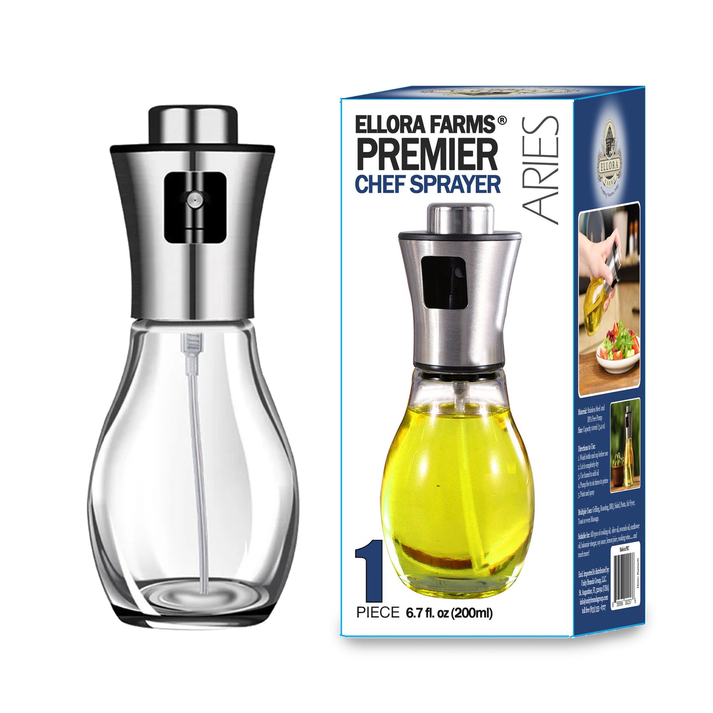 Ellora Farms, Aries Premium Chef Oil & Vinegar Glass Mister Sprayer, 200 ml Glass Bottle with Stainless Steel Funnel