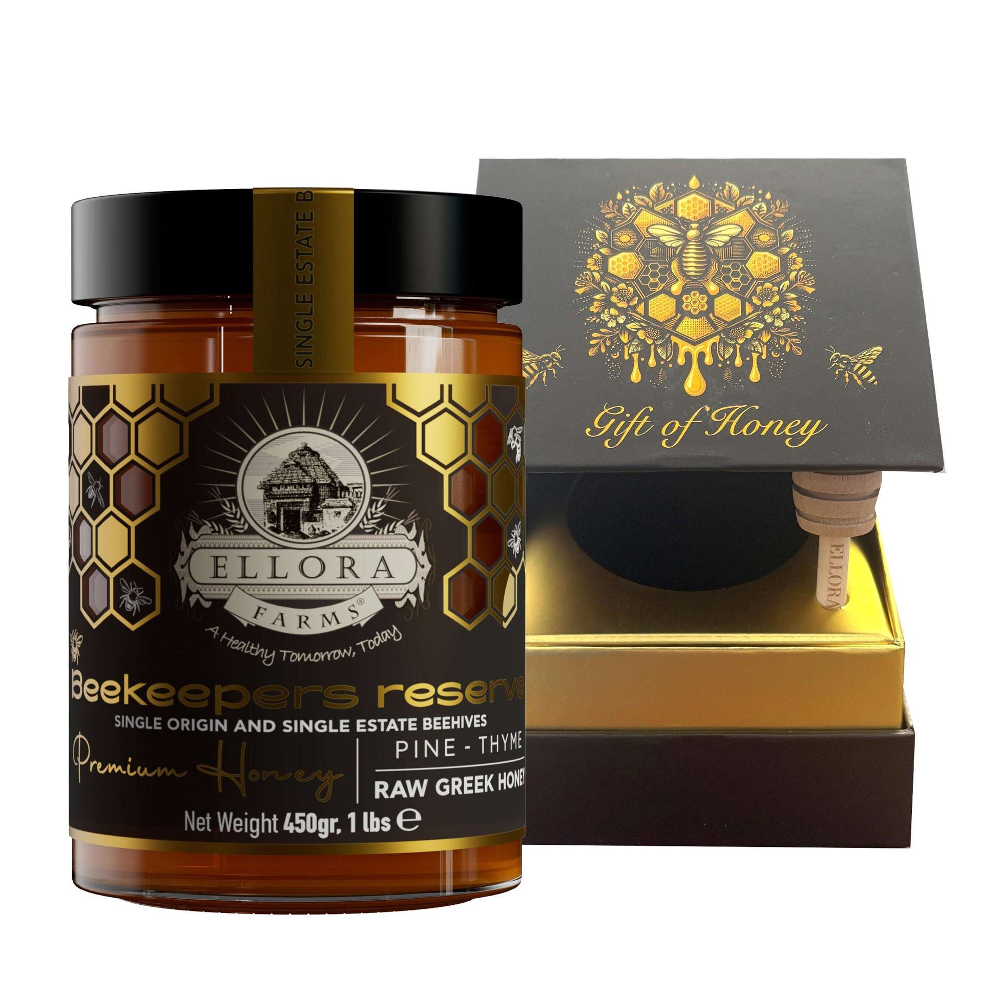 Single Estate PDO Greek Honey, Beekeepers Reserve, Pine & Thyme, 450g CUBE Gift Set - ELLORA FARMS