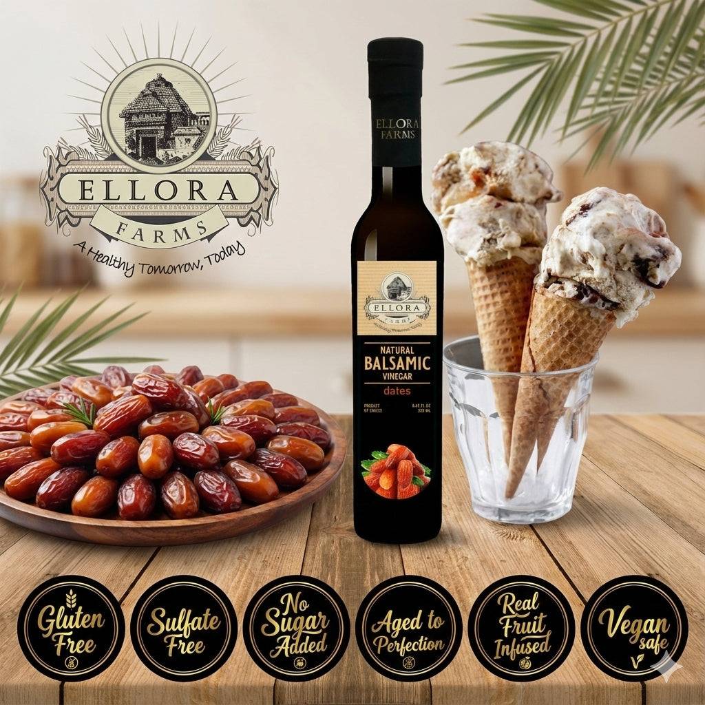 Dates Infused Aged Balsamic Vinegar, Award Winning, Thick & Creamy, 8.5 oz. - ELLORA FARMS