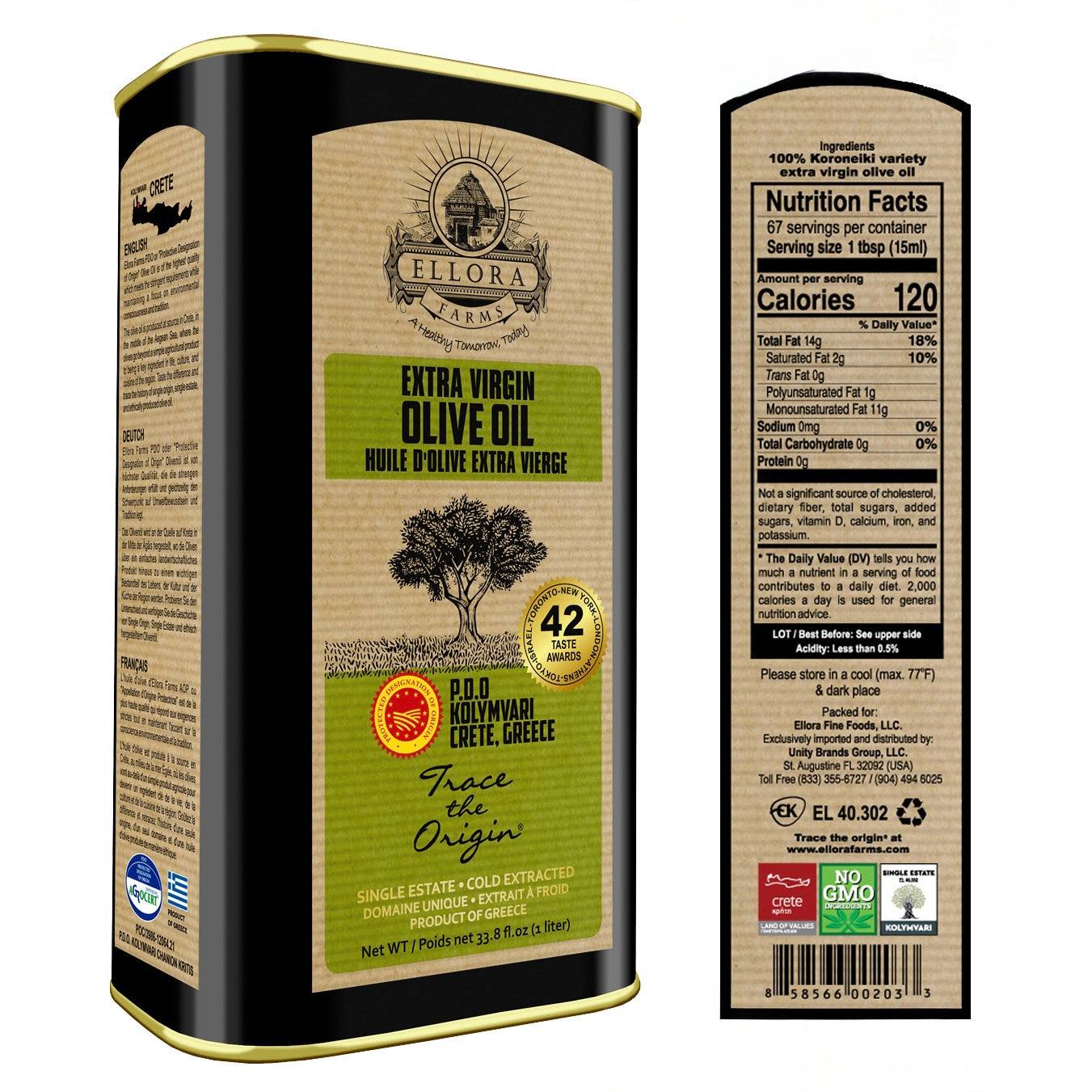 Ellora PDO SITIA & KOLYMVARI Estates Extra Virgin Greek Olive Oil, 1 Ltr Tin, 33.8 oz. Combo - ELLORA FARMS