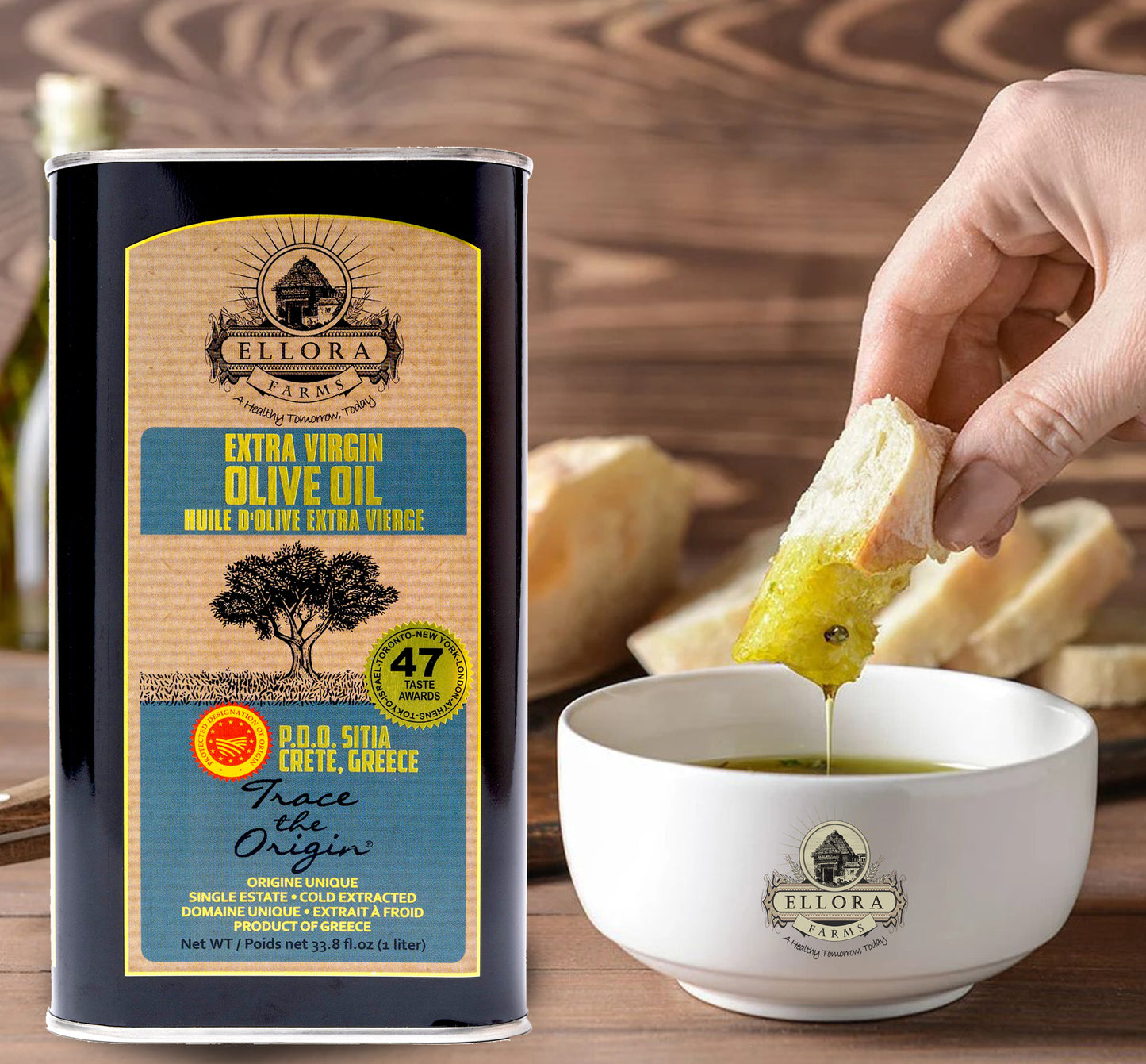 Ellora PDO SITIA & KOLYMVARI Estates Extra Virgin Greek Olive Oil, 1 Ltr Tin, 33.8 oz. Combo