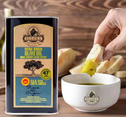 Ellora PDO SITIA & KOLYMVARI Estates Extra Virgin Greek Olive Oil, 1 Ltr Tin, 33.8 oz. Combo
