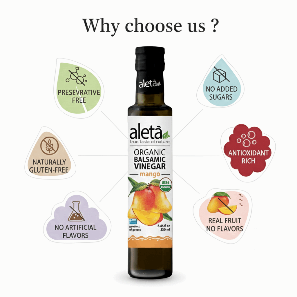 Aleta Organic, Mango Infused Balsamic Vinegar, Glass Bottle, 8.45 oz.
