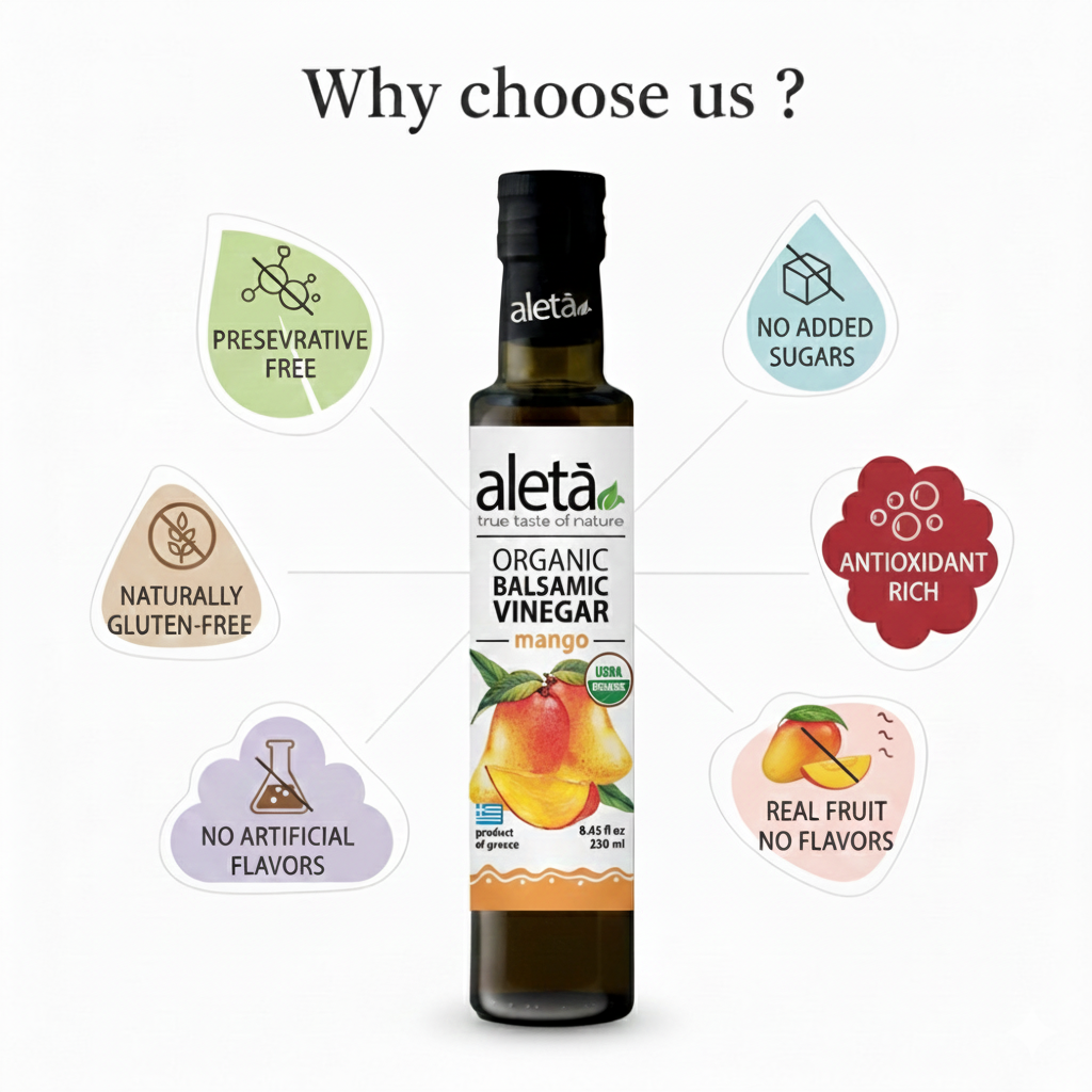 Aleta Organic, Mango Infused Balsamic Vinegar, Glass Bottle, 8.45 oz.
