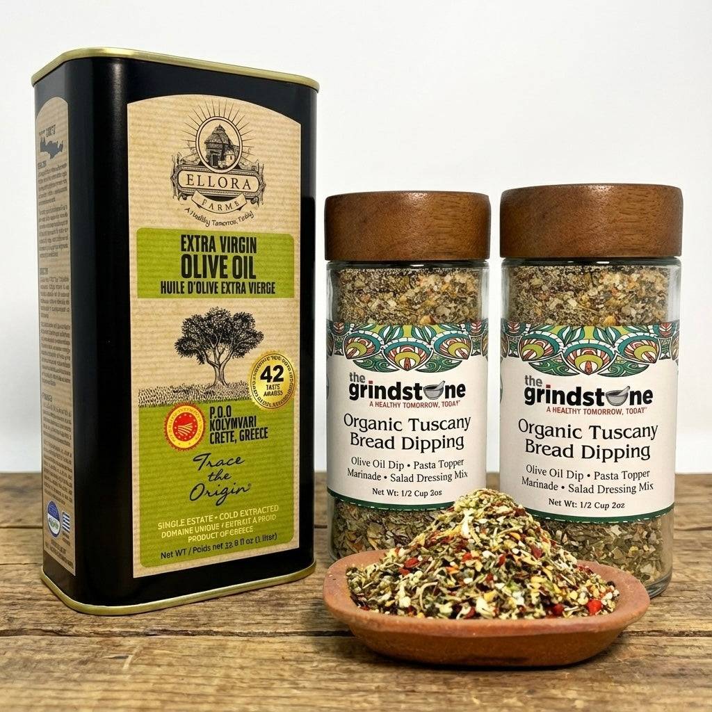 Combo Pack, Single Estate SITIA Extra Virgin Olive Oil, 33.8 and Organic Tuscany Bread Dipping Mix Pack of 2